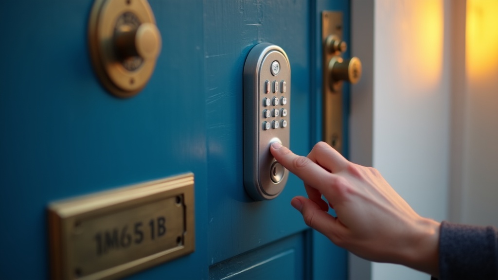 Smart lock keypad on UK Airbnb front door with guest entering code