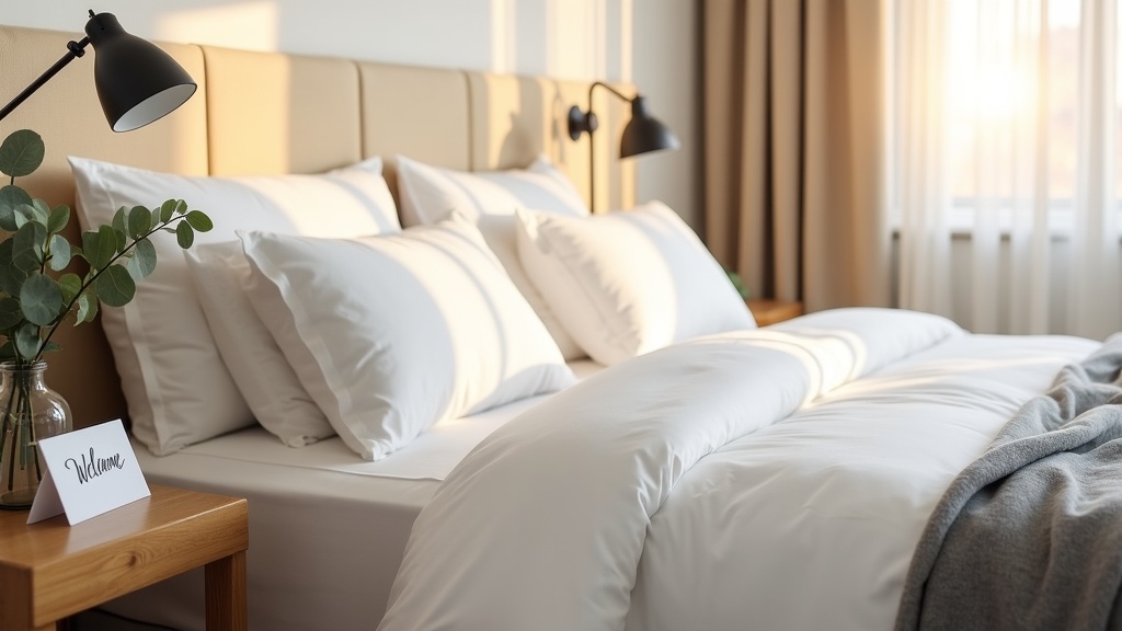 Welcoming Airbnb bedroom with personalised guest welcome card on bedside table