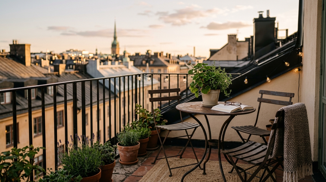 Cosy Airbnb balcony with bistro seating and city view