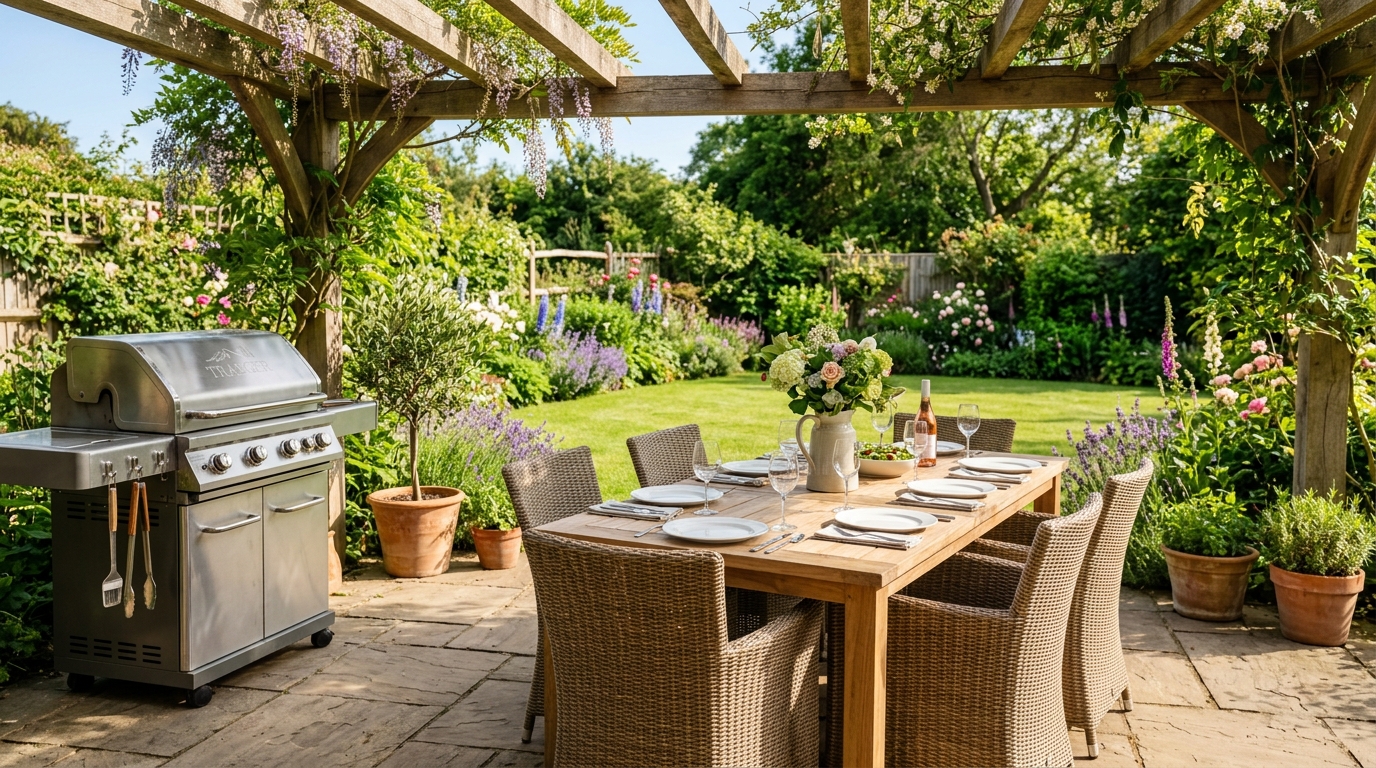 Airbnb garden patio with BBQ grill and outdoor dining table