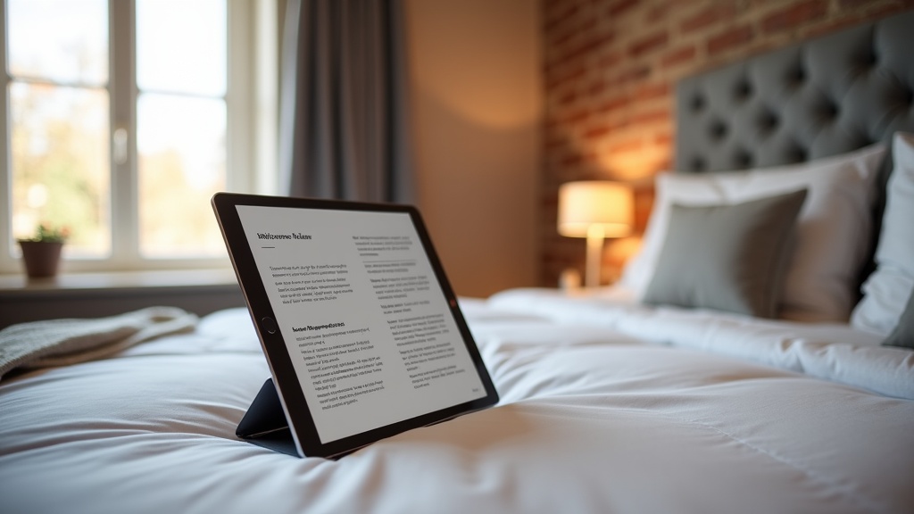 Digital guidebook displayed on tablet in stylish UK Airbnb bedroom