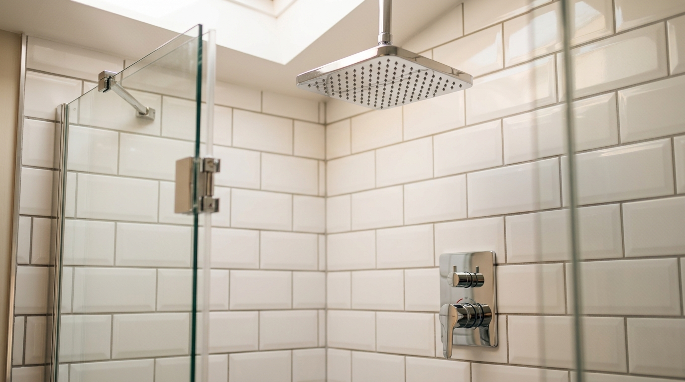 Modern rainfall shower with clean tiles and polished chrome fixtures