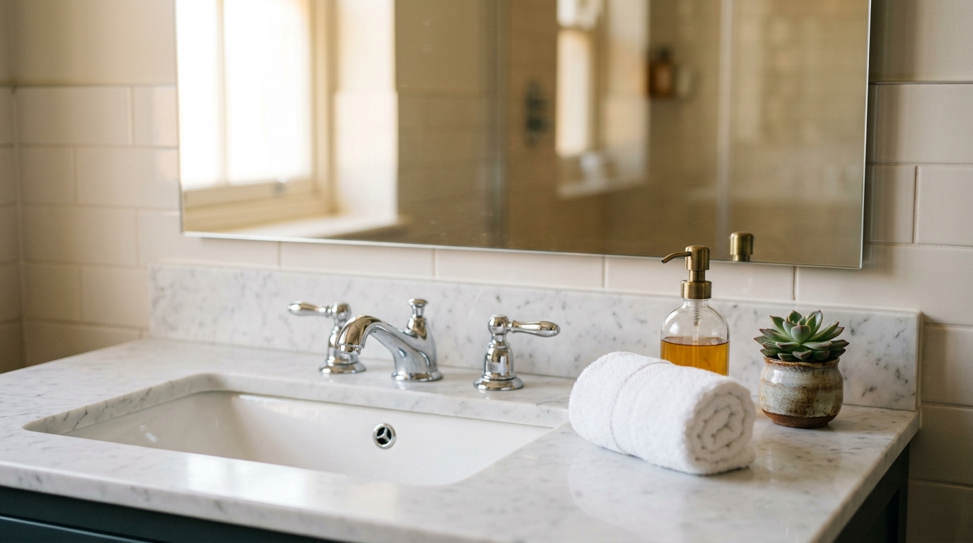 Spa-style bathroom vanity with clean mirror and minimalist styling