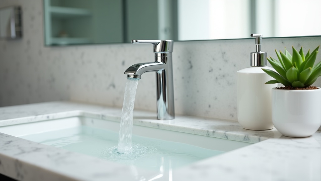 Airbnb bathroom vanity with modern fixtures and styling details