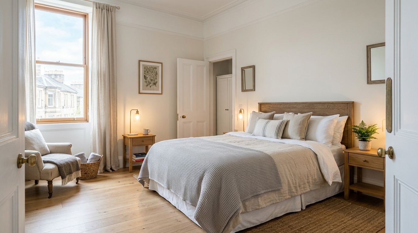 A sunlit double bedroom with sheer curtains and neatly made linen bedding in a UK holiday let