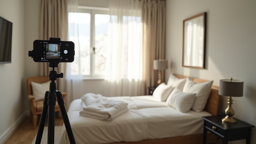 Bedroom photography setup showing optimal lighting and staging