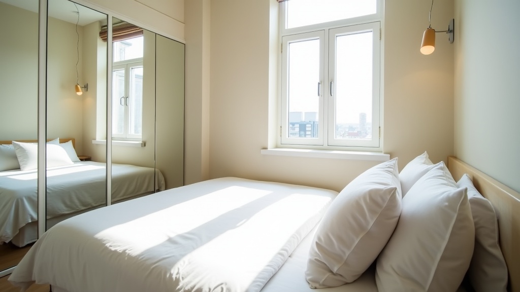 Small bedroom maximising natural light with mirrors and bright colours
