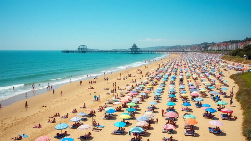 Bournemouth beach crowded with visitors during peak summer season