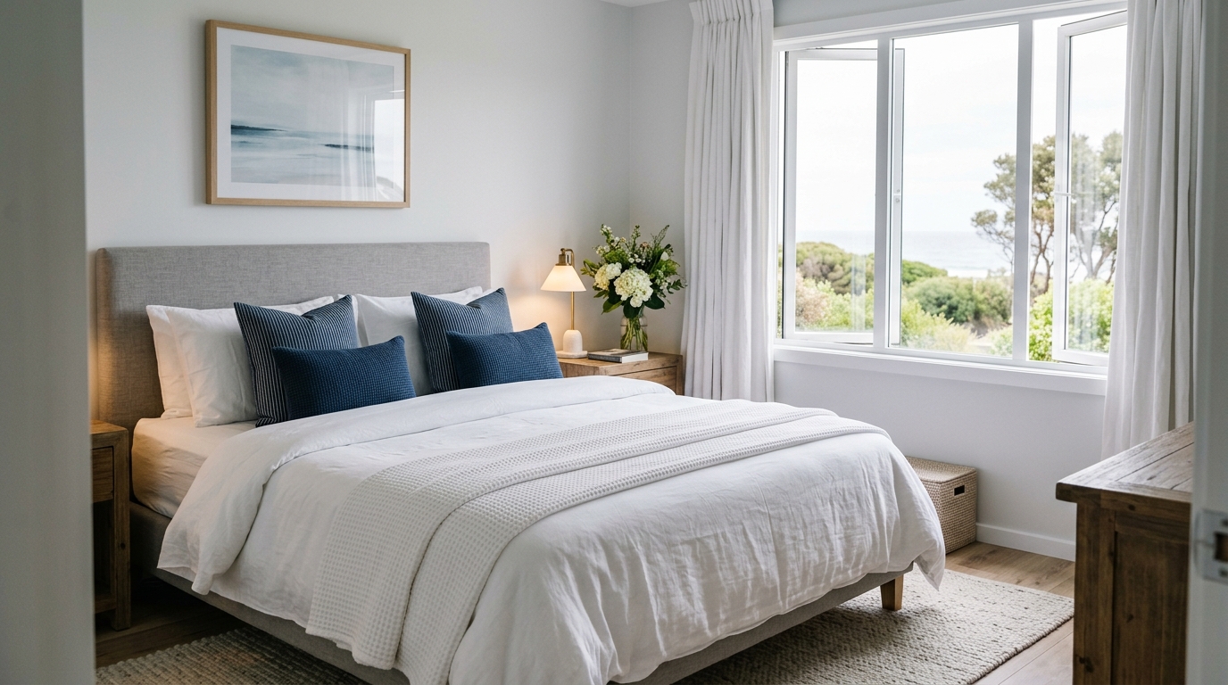 Contemporary bedroom in Brighton Airbnb with natural light
