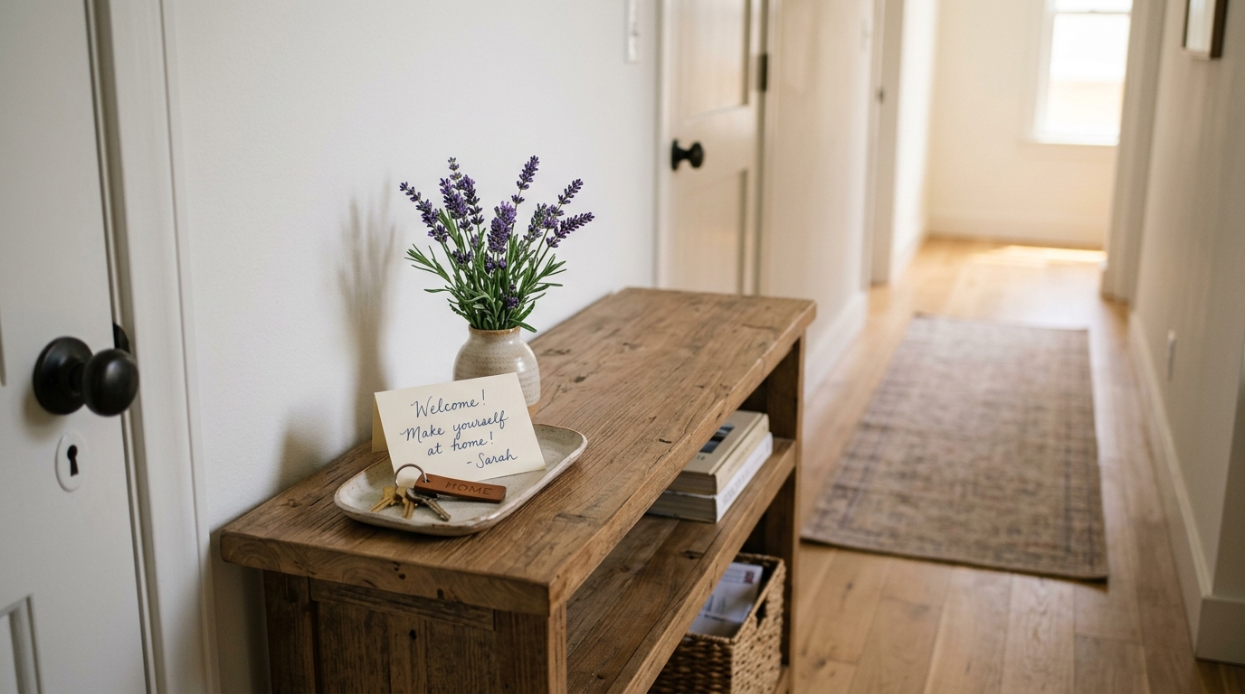 Welcome tray with keys and note in Brighton Airbnb entrance