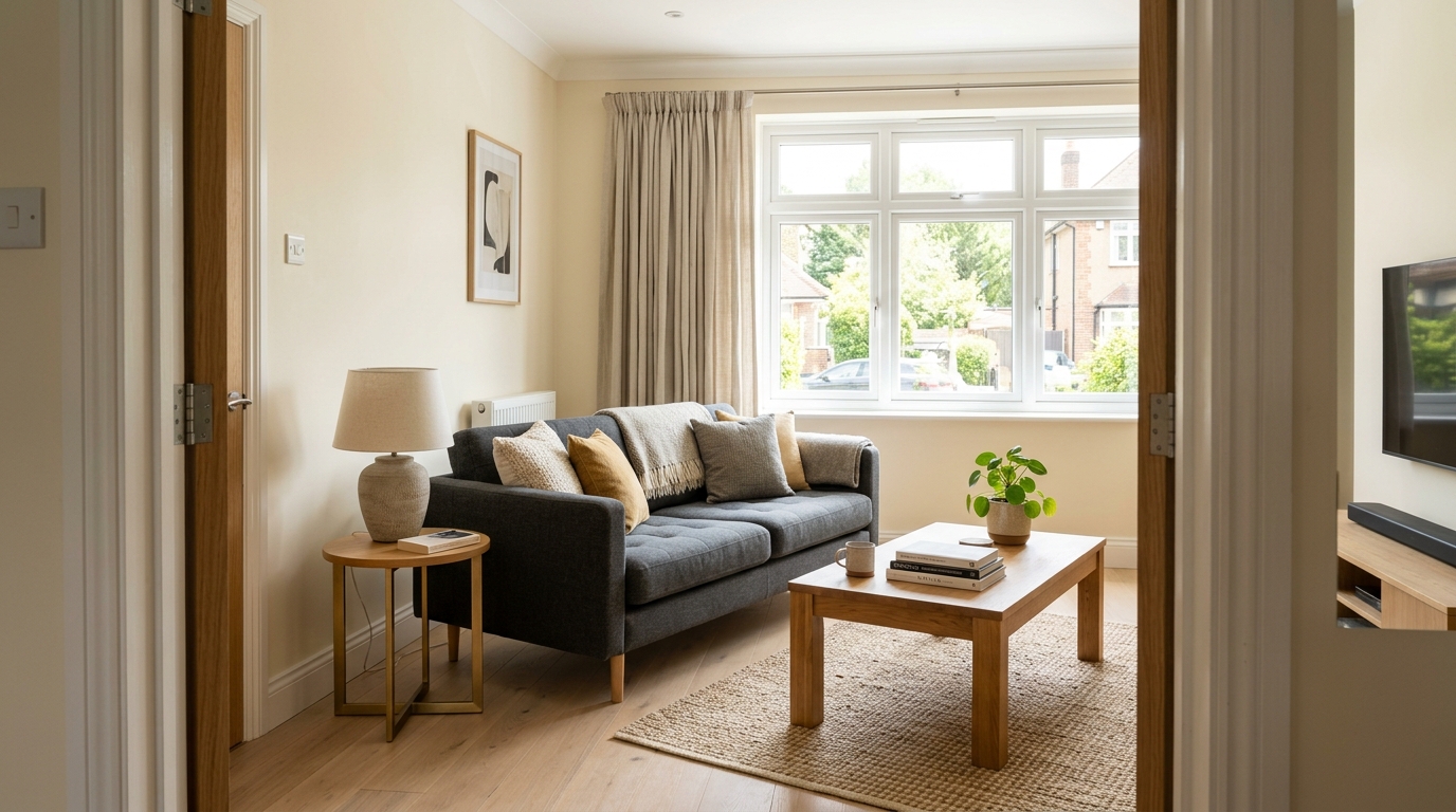 Modern Airbnb living room with sofa and natural light