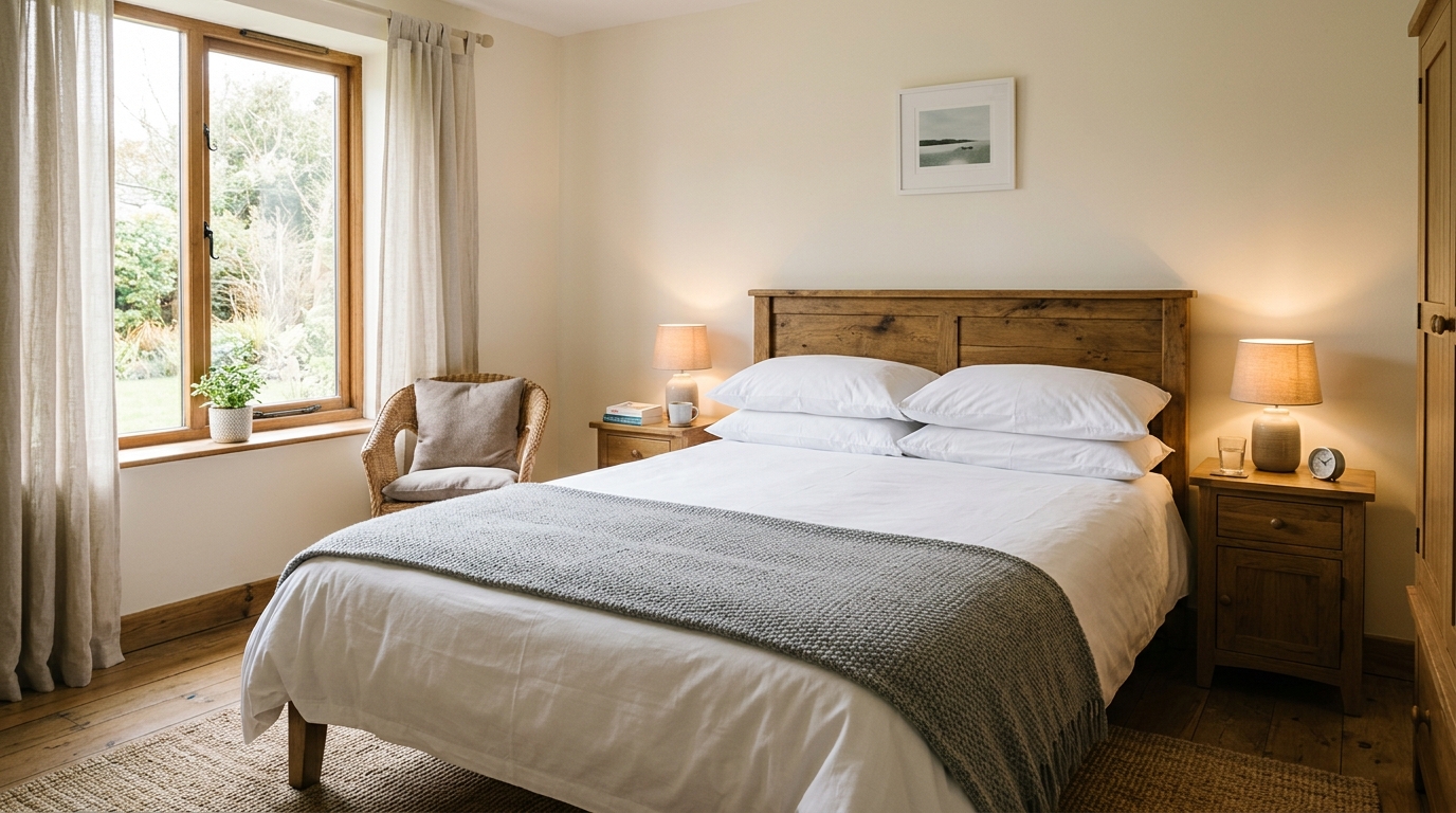 Cosy Airbnb bedroom with white linen and soft lighting