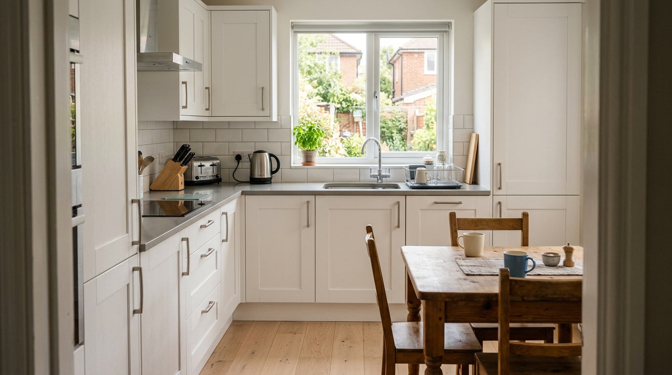 Modern Airbnb kitchen with dining table and natural light