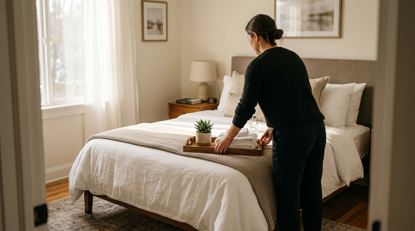 Airbnb host preparing welcome amenities for guest arrival