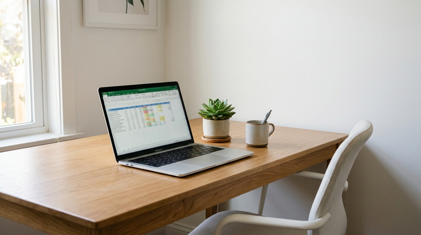Workspace desk with laptop showing amenity comparison spreadsheet