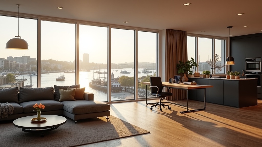 Modern Bristol Airbnb apartment interior with workspace and harbour views