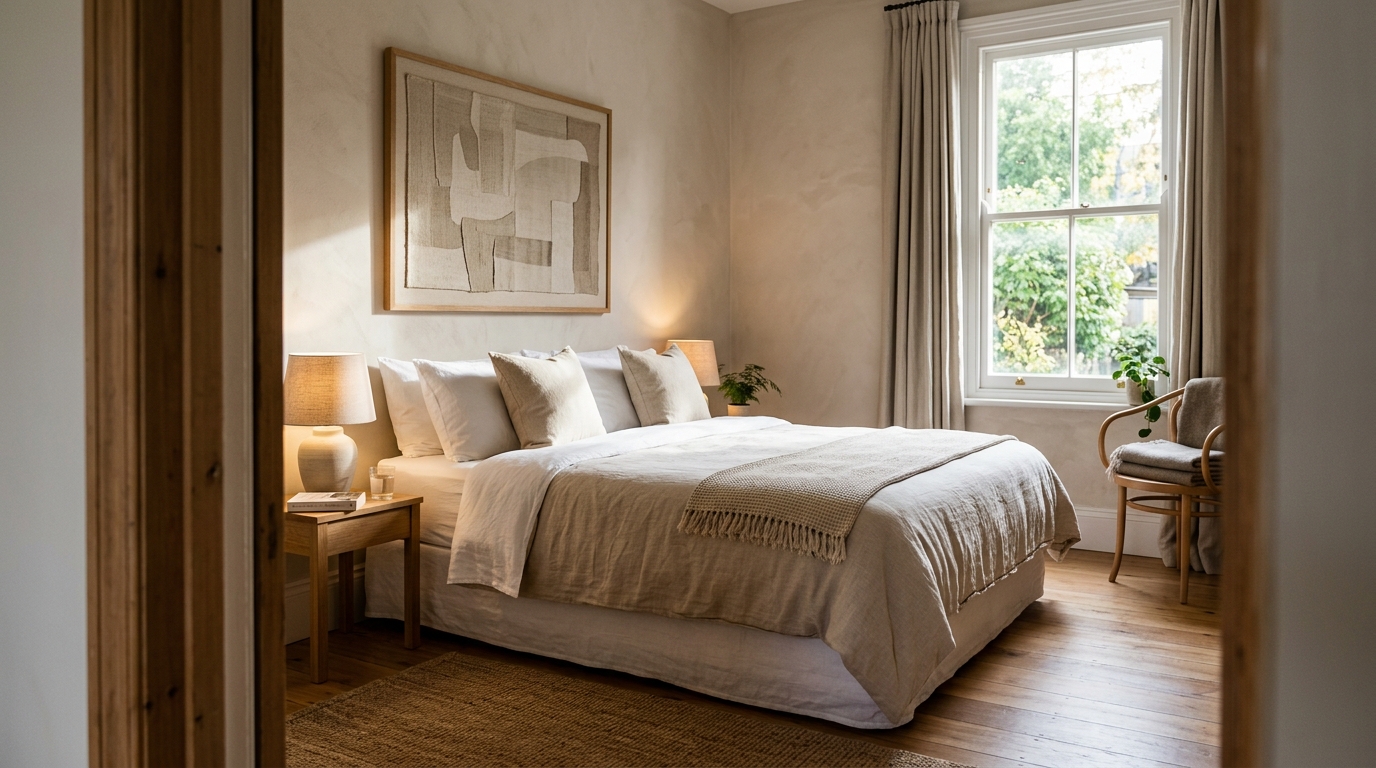 Sunlit Airbnb bedroom with made bed and natural light