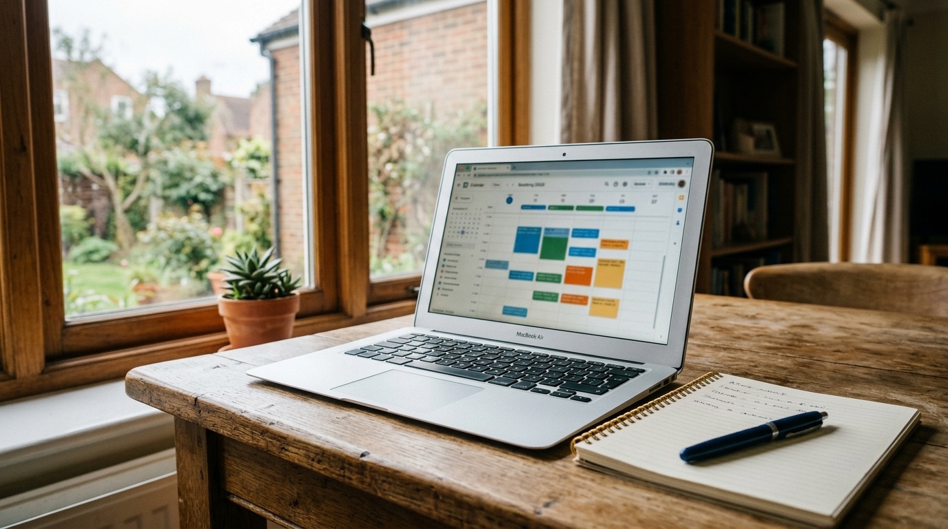 Laptop displaying Airbnb calendar with booking gaps and reservations
