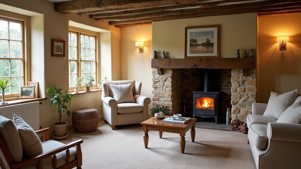 Cosy Cotswolds cottage living room with wood burner and period features