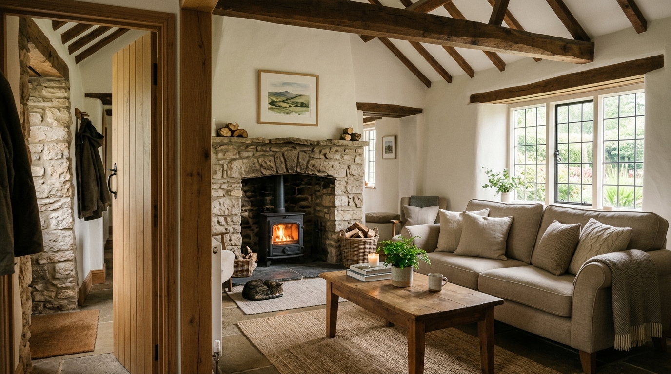 Cosy cottage living room with log burner and exposed beams