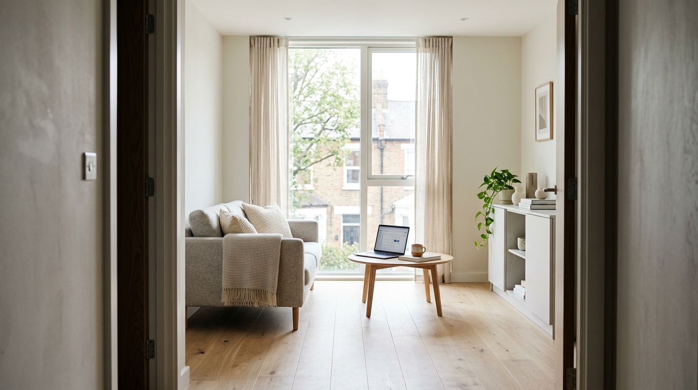 Modern bright flat interior with natural light and workspace