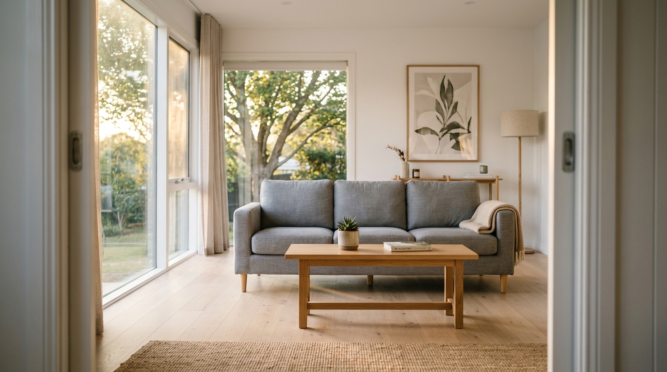 Bright minimalist Airbnb living room with natural light and simple furnishings