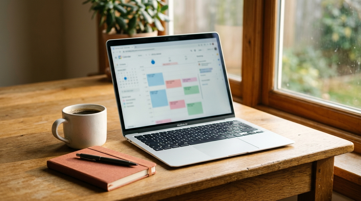 Laptop on desk showing booking calendar with coffee and notebook beside it