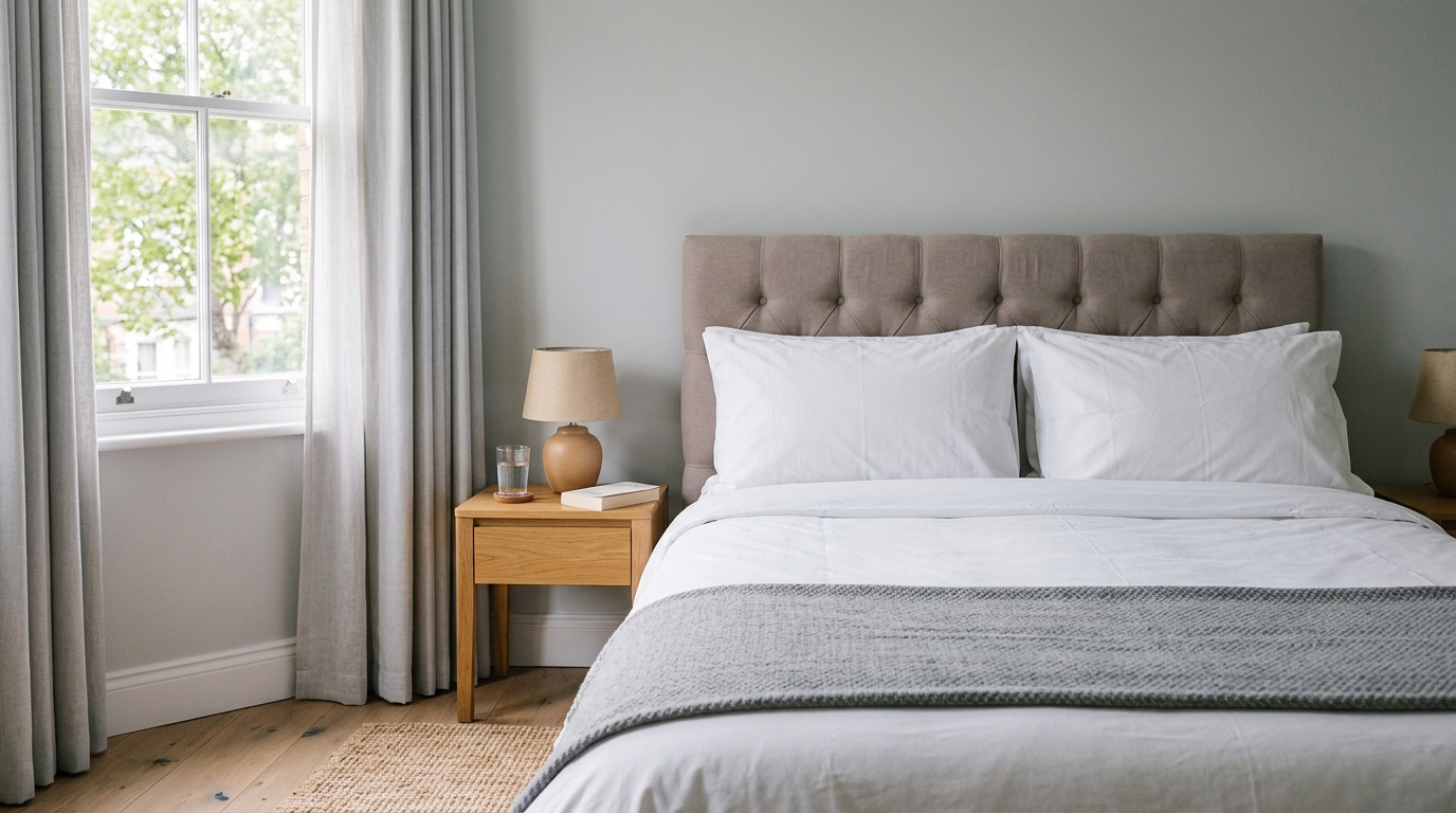 Neatly made Airbnb bedroom with white linen and natural morning light