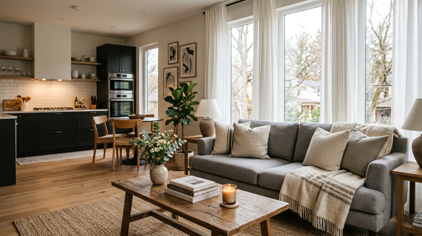 Well-presented Airbnb living room interior with natural light