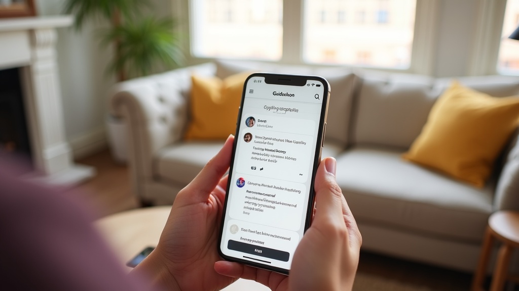 Guest viewing Airbnb digital guidebook on smartphone in rental property living room