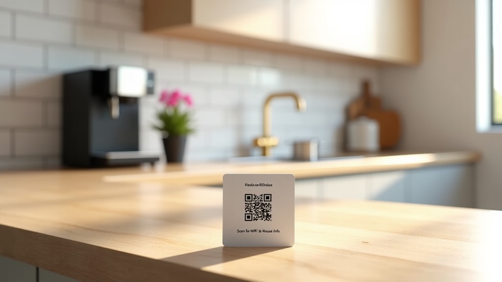 QR code for Airbnb digital guidebook on kitchen counter in stylish rental