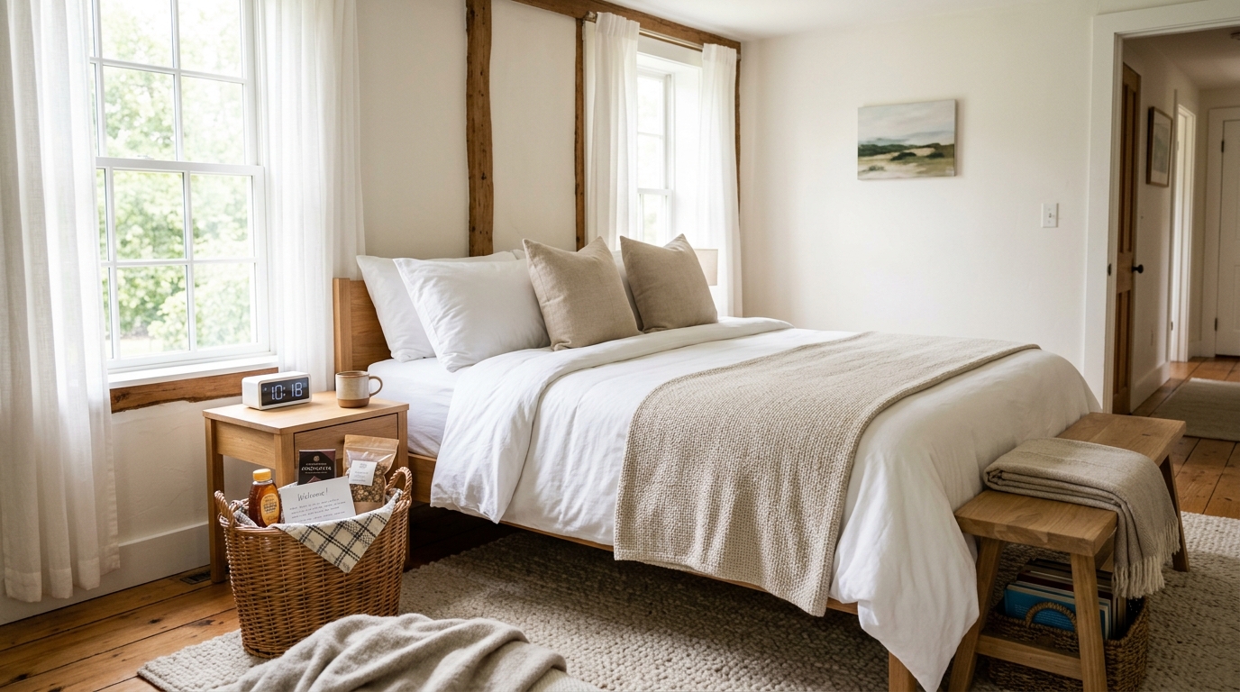 Inviting Airbnb bedroom with welcome amenities