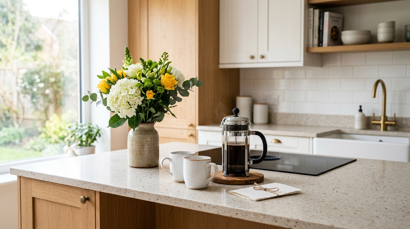 Airbnb kitchen with coffee and welcome touches