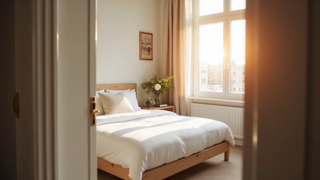 Inviting Airbnb bedroom with early morning light
