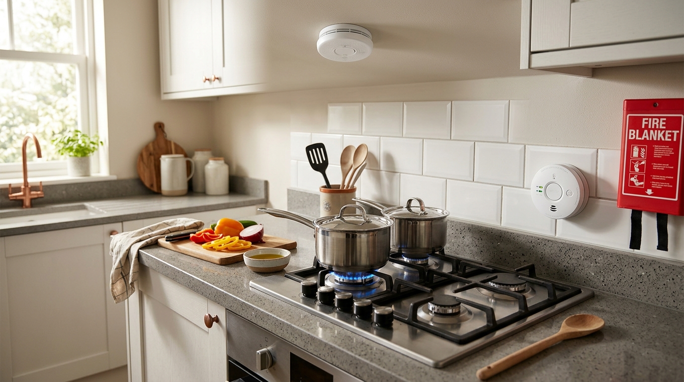 Kitchen safety equipment including carbon monoxide detector and fire blanket mounted on wall
