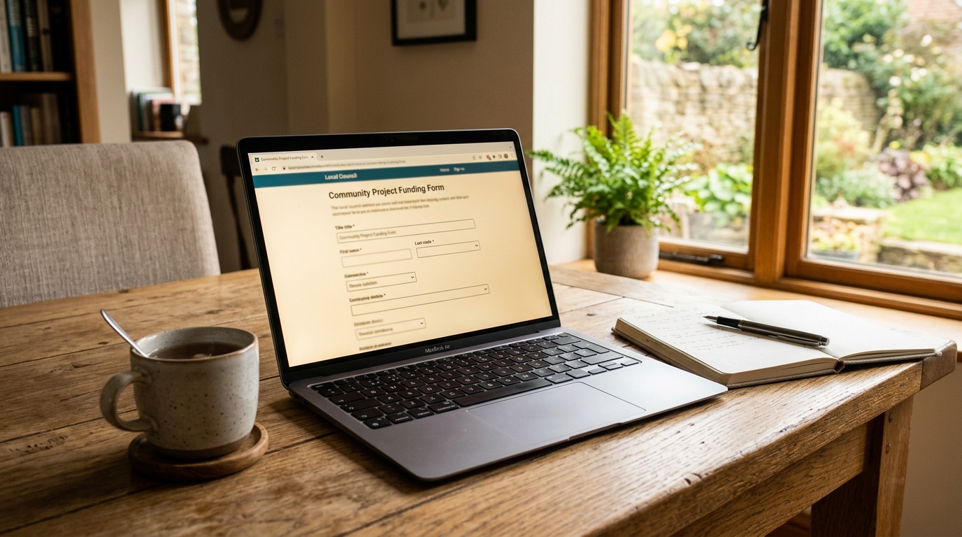 Laptop on dining table showing council licensing application form on screen