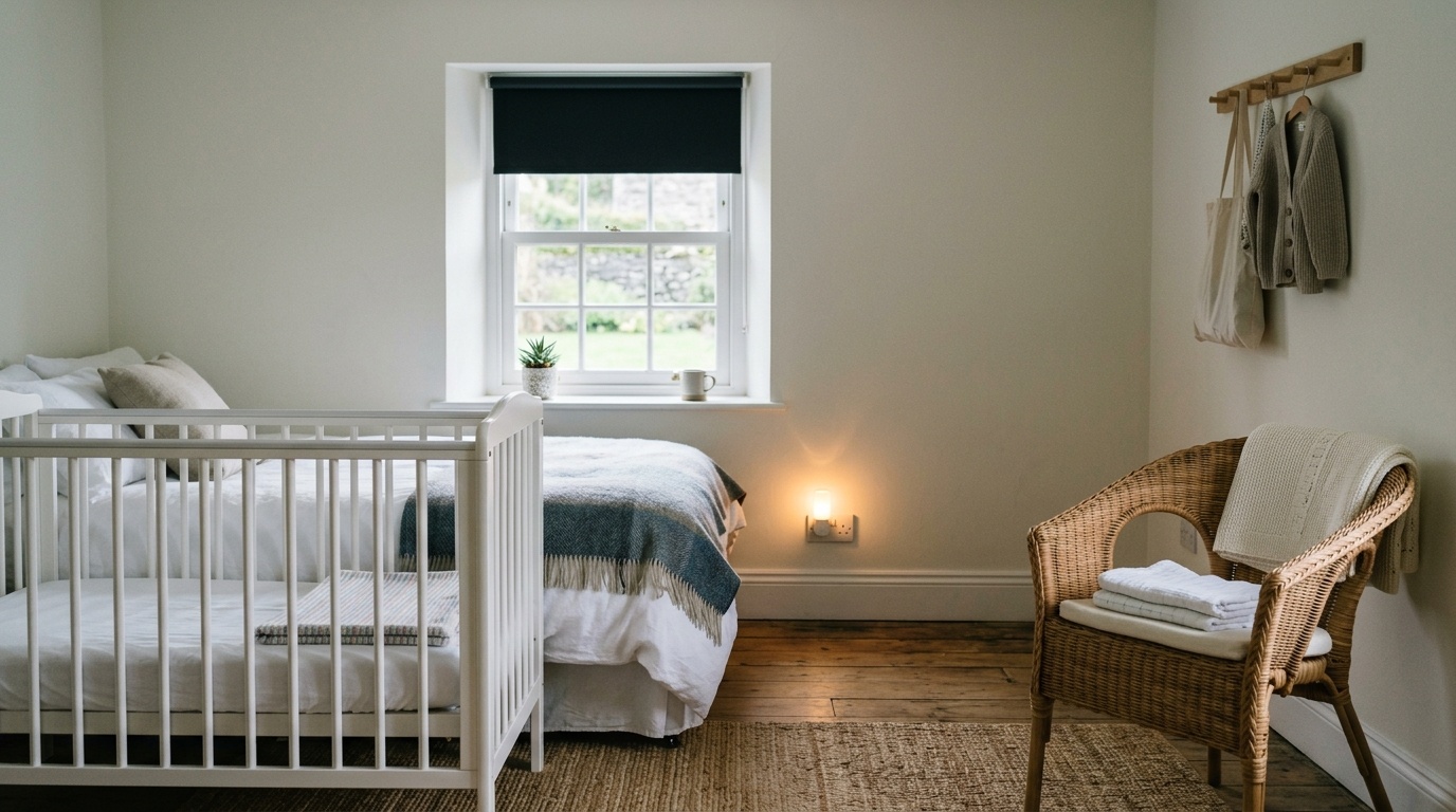 Travel cot made up beside a bed in a UK holiday cottage bedroom