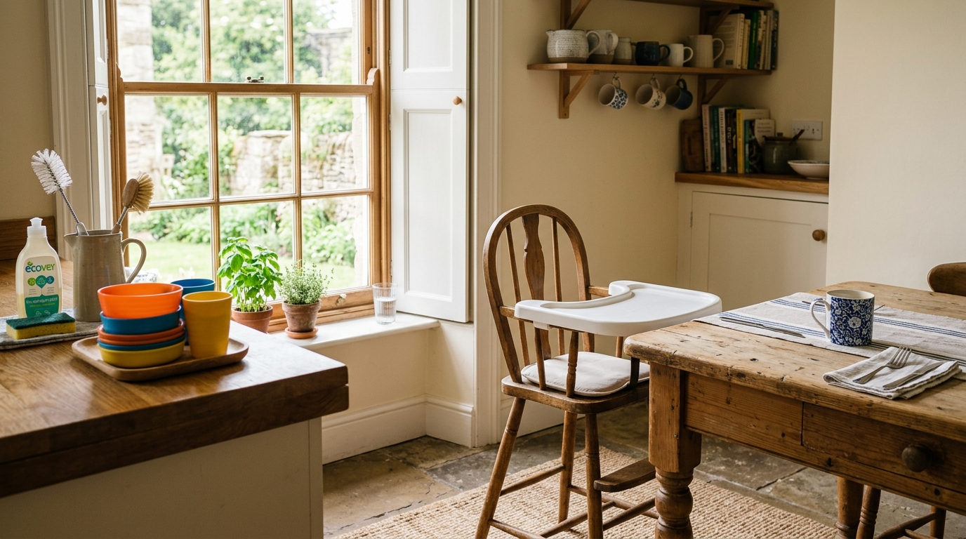 High chair and child-friendly tableware in a holiday let kitchen