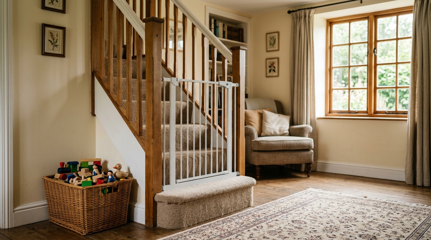 Stair gate fitted at the bottom of a staircase in a holiday cottage