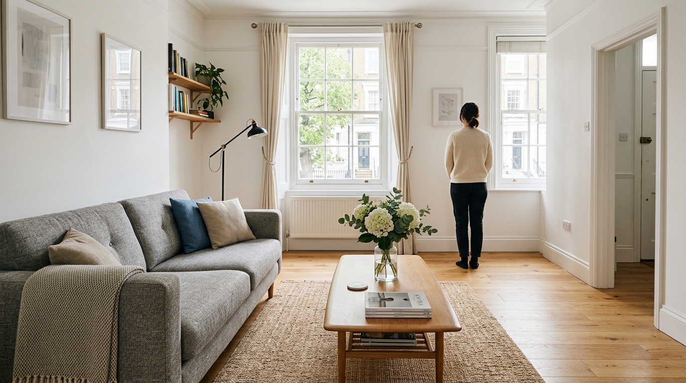 Bright Airbnb living room hero shot showing spacious layout and natural light