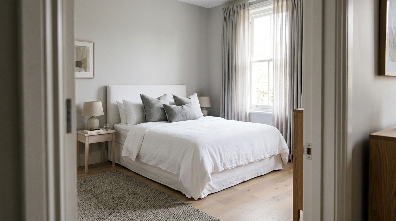 Well-lit Airbnb bedroom with neatly made bed and natural daylight