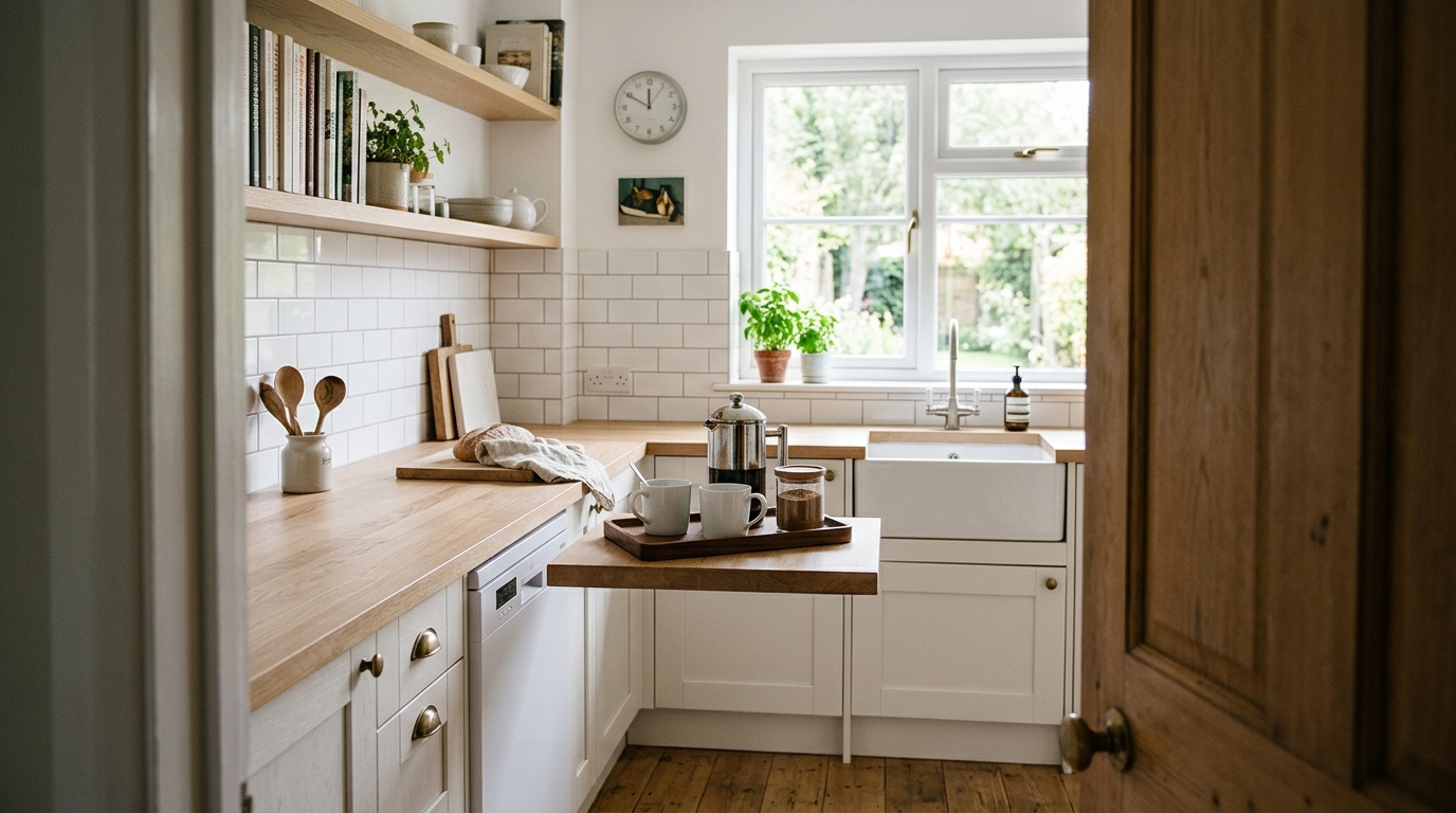 Spotless Airbnb kitchen counter with welcome coffee station detail