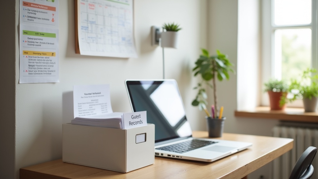 Organised home office showing systematic guest data management and GDPR compliance procedures