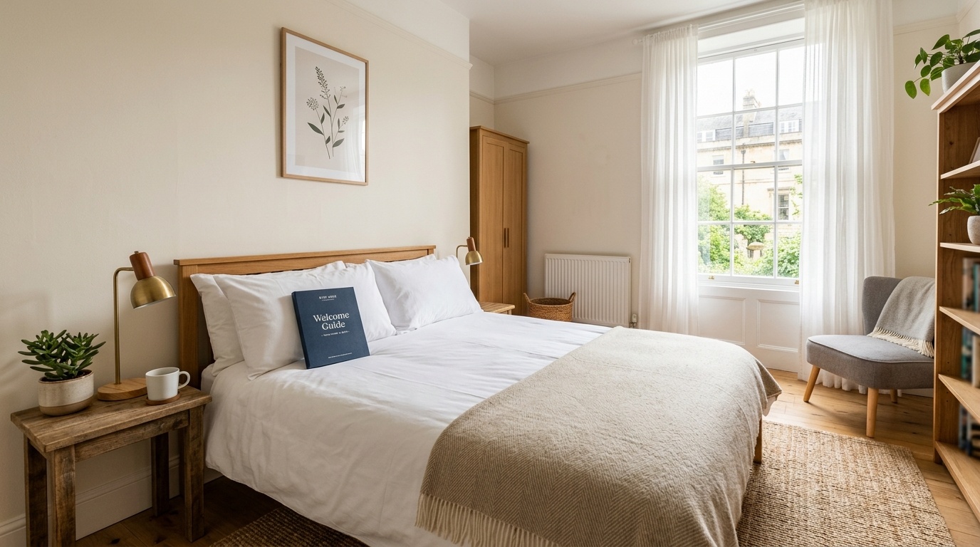 Well-maintained Airbnb bedroom with guest welcome guide