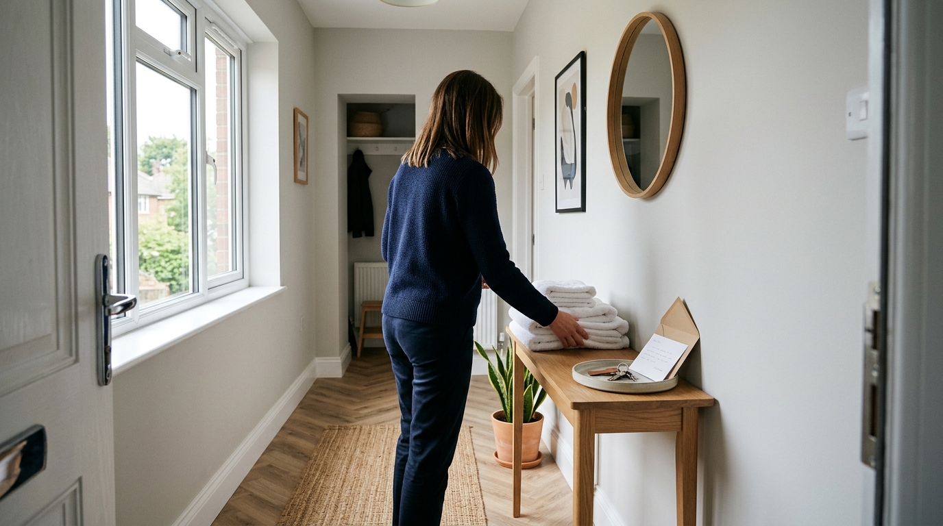 UK Airbnb host preparing welcome items for guest screening and check-in