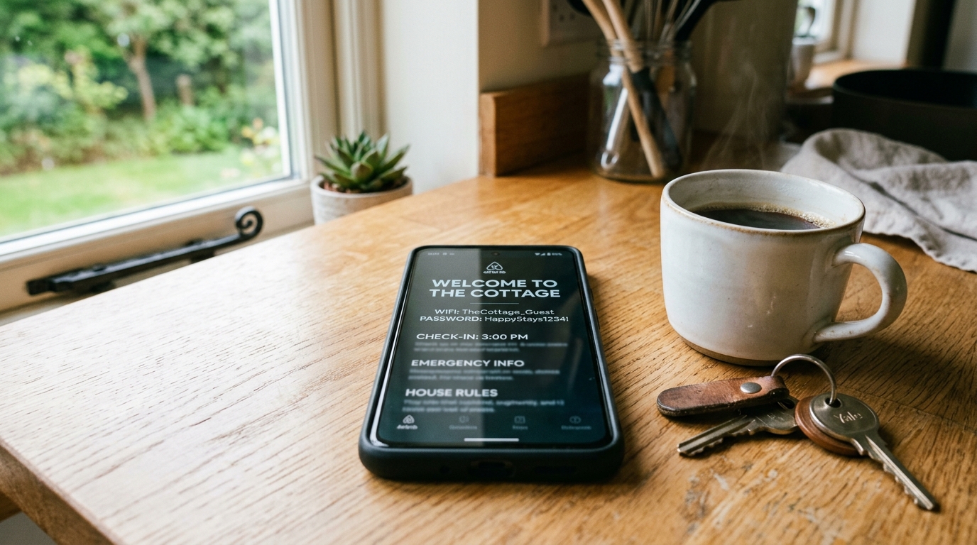 Smartphone showing digital guidebook WiFi code on kitchen counter