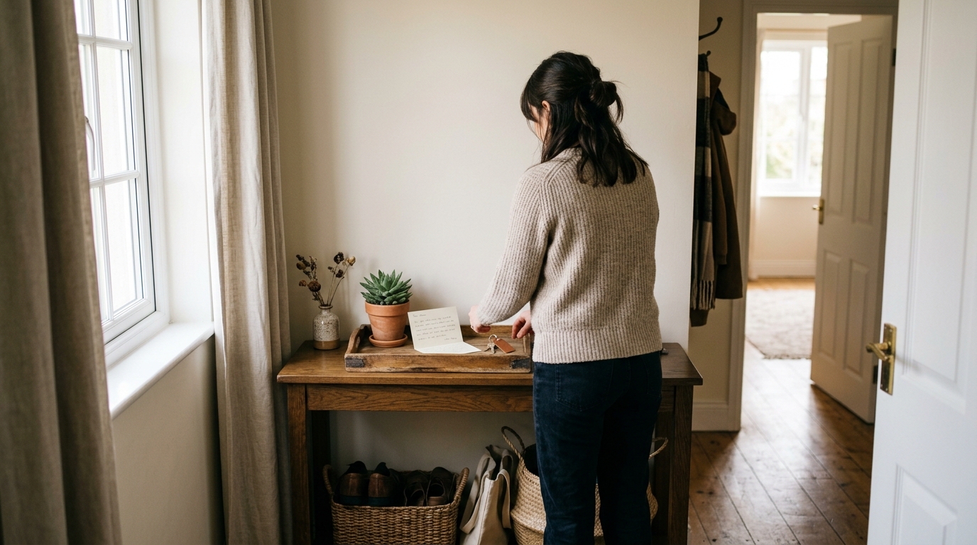 Airbnb host preparing welcome tray at entrance console table
