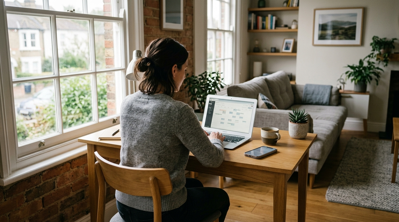 Host managing bookings from a laptop and phone at a home office desk
