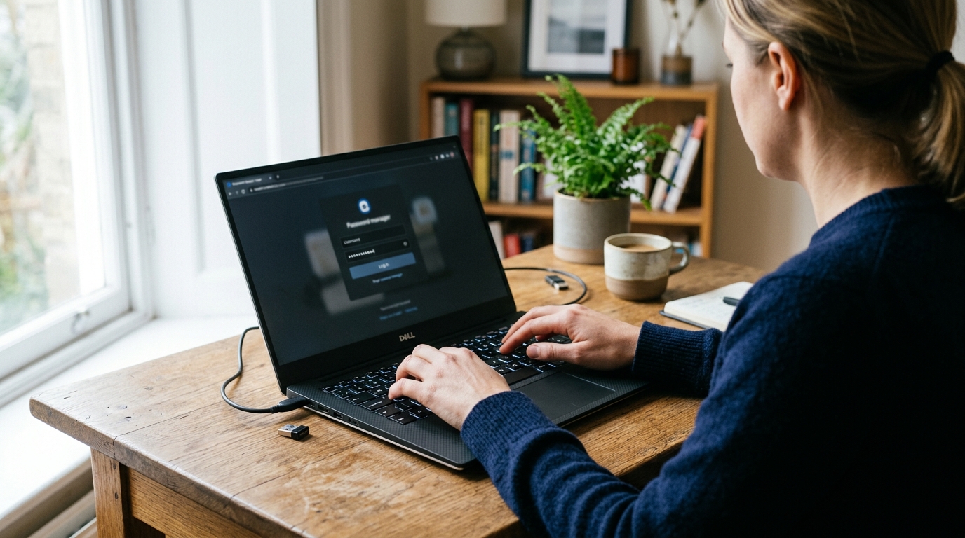 Close up of a host securing account logins on a laptop