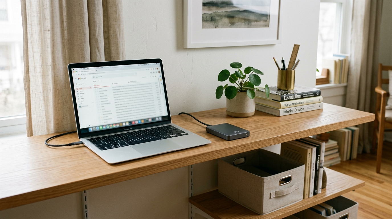 Laptop connected to an external backup drive on a home office desk